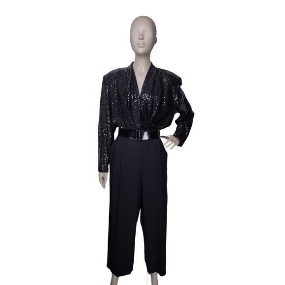 Vintage 80s Black High Shoulder Draped Deep V-Neck Sparkly Sequined Jumpsuit - Picture 5 of 10